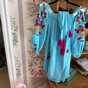 Yuliya Magdych Cherry Dress Blue Linen size 2